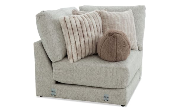 Posh Beige Corner modular sofa in beige polyester fabric with transitional style, plush cushions, Bob-O-Pedic gel memory foam, and three accent pillows.
