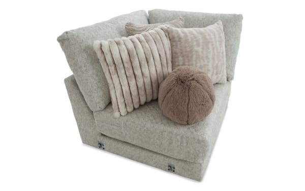 Posh Beige Corner modular sofa in transitional style with plush beige polyester fabric, gel-infused memory foam, and three textured accent pillows.