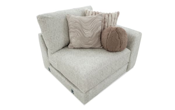Posh Beige Right Arm Facing Chair with plush beige polyester fabric, Bob-O-Pedic gel memory foam, and four decorative accent pillows in transitional style.