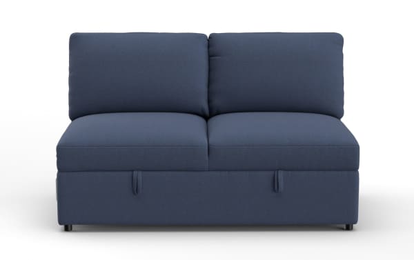 Compact navy blue fabric loveseat with cushioned backrest and seat, featuring a modern armless design and small black legs, ideal for small living spaces.