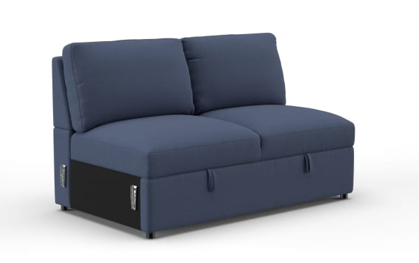 Blue fabric loveseat sofa with plush cushions, modern design, compact size, and metal side latches, ideal for small living spaces.