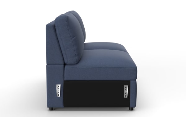 Blue fabric armless modular sofa section with cushioned backrest and black base, featuring metal connectors for sectional assembly.