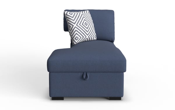 Blue upholstered chaise lounge with a textured fabric, featuring a cushioned backrest and a decorative white and navy geometric patterned throw pillow.