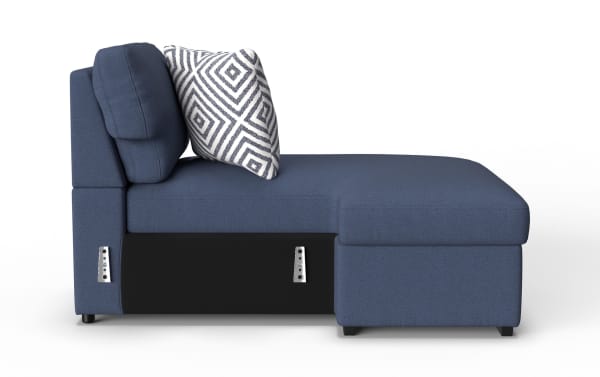 Blue fabric sectional chaise lounge sofa with black base, two cushions including one with geometric pattern, modern design for living room seating.