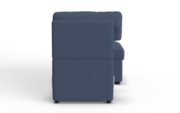 Modern navy blue fabric sectional sofa viewed from the side, showcasing its clean lines, cushioned backrest, and compact design ideal for small living spaces.