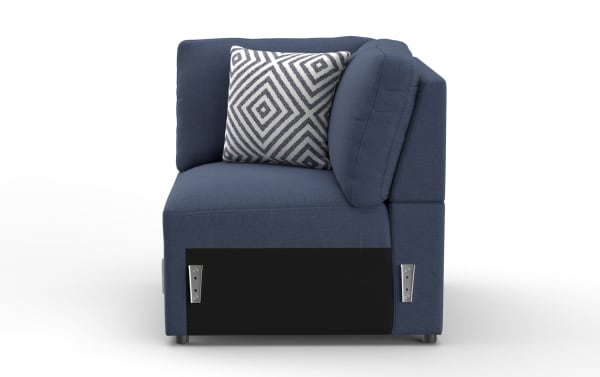 Blue fabric corner sofa section with cushioned backrest and armrest, featuring a patterned black and white decorative pillow and metal connectors.