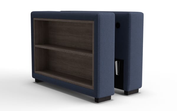 Blue fabric-covered wooden bookshelf with two shelves, dark wood interior, and short black legs, designed for modern home or office storage.