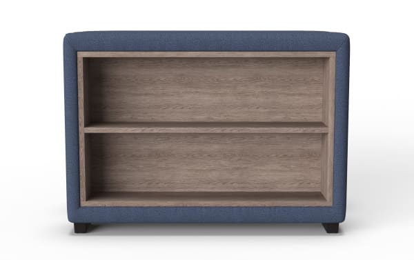 Modern rectangular wooden shelf with two compartments, surrounded by a blue fabric frame and supported by short black legs, ideal for storage or display.