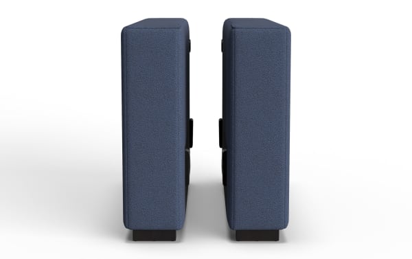 Pair of modern navy blue fabric-covered rectangular speakers with textured finish and black base, designed for home audio systems.