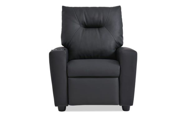 Wee-Cliner Black Faux Leather Manual Kids Recliner with oak frame, cup holder, and plush transitional style upholstery for children.