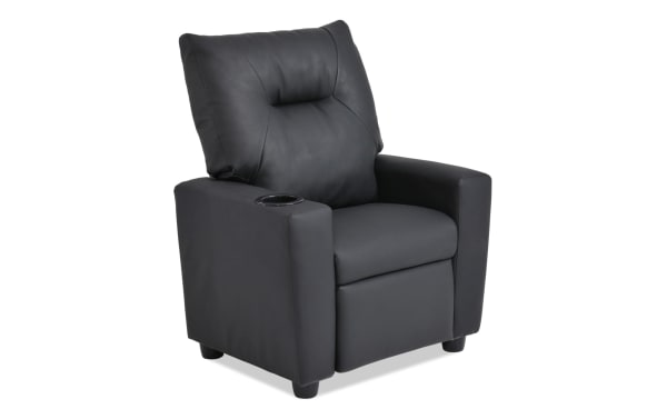 Wee-Cliner black faux leather manual kids recliner with oak frame, cup holder, and transitional style, sized for children’s comfort and durability.