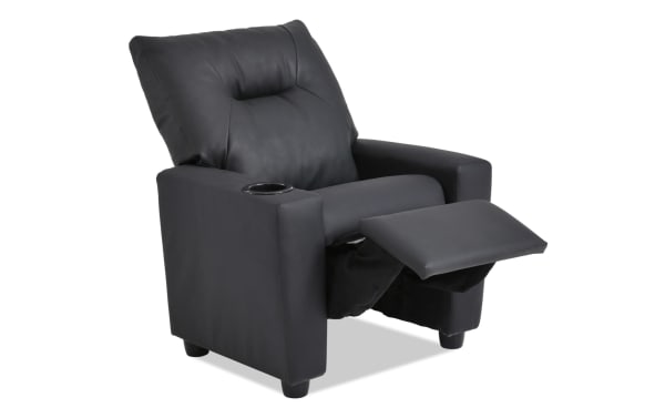 Black Wee-Cliner kids recliner in transitional style with black faux leather upholstery, oak frame, manual reclining footrest, and built-in cup holder.