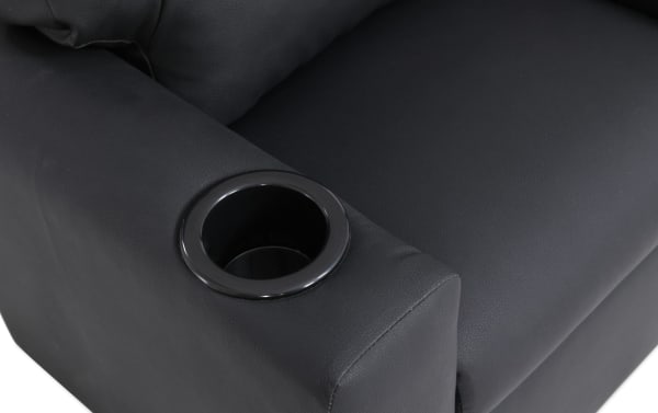 Black Wee-Cliner kids recliner in transitional style, featuring black faux leather upholstery, oak frame, and built-in armrest cup holder for children.
