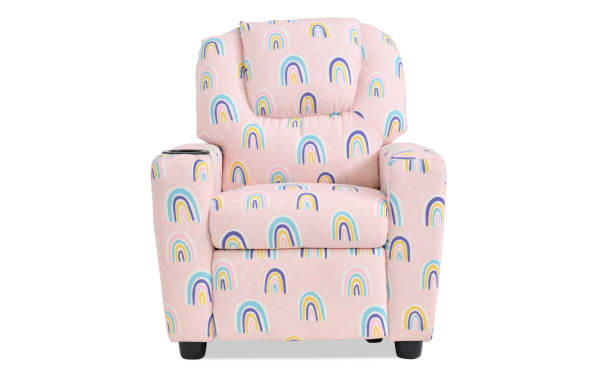 Wee-Cliner Pink & Pastel Rainbow Manual Kids Recliner in pink polyester fabric with pastel rainbow pattern, cup holder, and oak frame, transitional style.