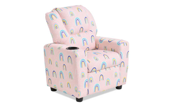 Wee-Cliner Pink & Pastel Rainbow Manual Kids Recliner in pink polyester fabric, transitional style with oak frame and built-in arm cup holder.