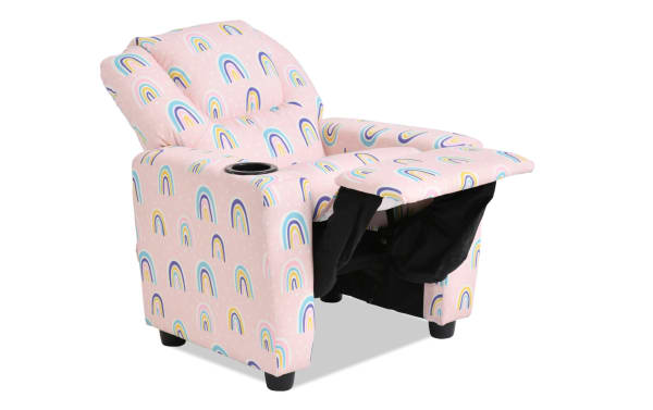 Wee-Cliner Pink & Pastel Rainbow Manual Kids Recliner in pink polyester fabric with pastel rainbow print, cup holder, oak frame, and transitional style.