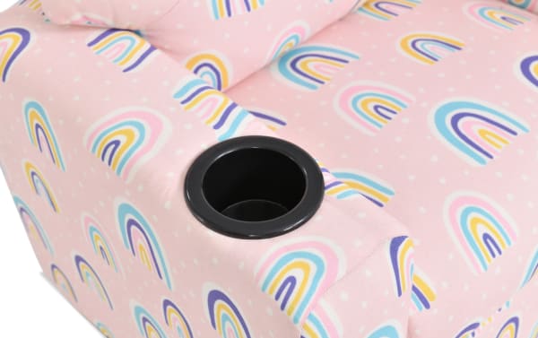 Wee-Cliner Pink & Pastel Rainbow Manual Kids Recliner with pink polyester fabric, pastel rainbow print, transitional style, and built-in black cup holder in armrest.