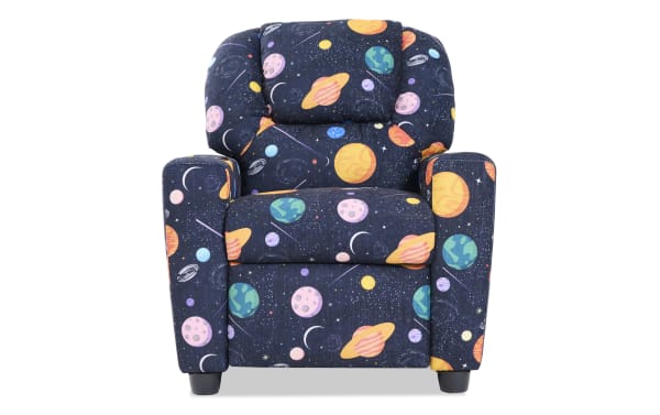 Children's recliner chair upholstered in dark fabric with colorful space-themed print featuring planets, moons, and stars, designed for comfort and style in kids' rooms.