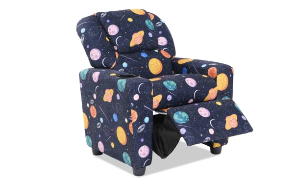 Child's recliner chair with space-themed fabric upholstery featuring colorful planets and stars, padded armrests, and a built-in cup holder.