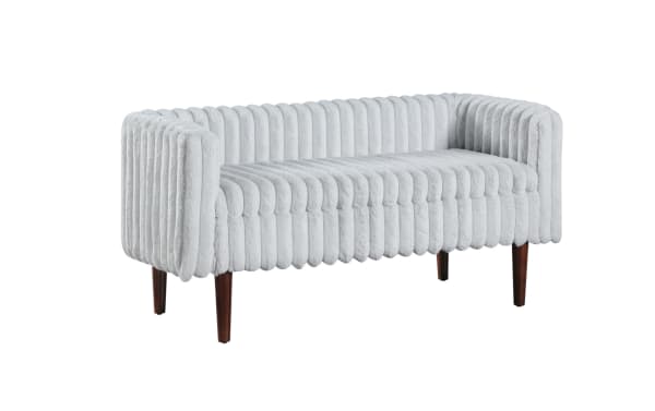 Gray Sofia Gray Storage Bench with channel tufted polyester fabric upholstery, Bob-O-Pedic memory foam seat, and wooden legs in transitional style with hidden storage.