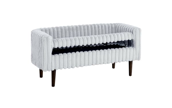 Sofia Gray Storage Bench in gray polyester fabric with channel tufted back, Bob-O-Pedic memory foam seat, hidden storage, and tapered wood legs.