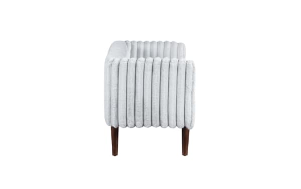Sofia Gray Storage Bench in gray polyester fabric with channel tufted cushions, Bob-O-Pedic memory foam, and dark wood legs, transitional style.