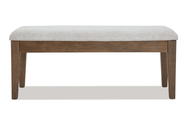 Brookline Brown & White Upholstered Storage Dining Bench with white polyester fabric seat, solid wood frame, transitional style, and hidden storage space.