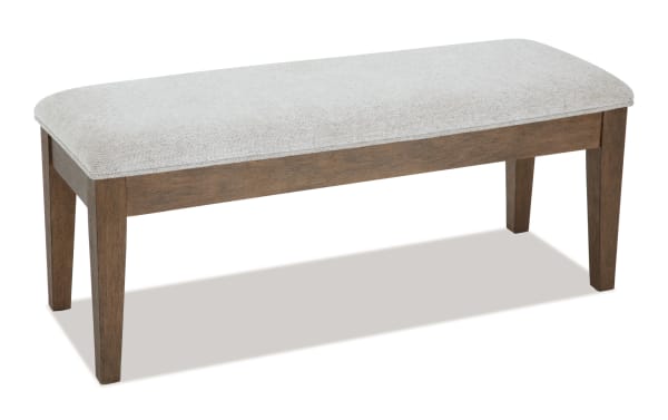 Brookline Brown & White Upholstered Storage Dining Bench with white polyester fabric seat, solid wood frame, transitional style, and hidden storage space.