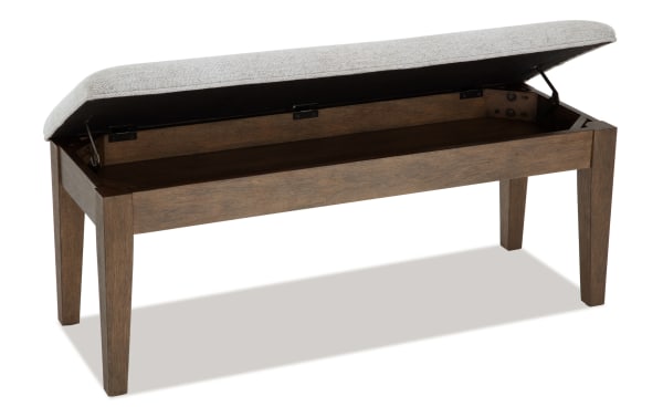 Brookline Brown & White Upholstered Storage Dining Bench with white polyester fabric seat, solid acacia and oak veneer frame, transitional style, hidden storage compartment.