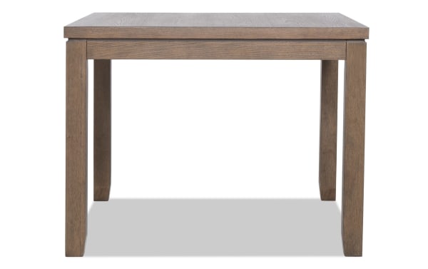 Brookline Brown Square Dining Table in transitional style, crafted from solid acacia, rubberwood, MDF, and oak veneers with a smooth brown wood finish.