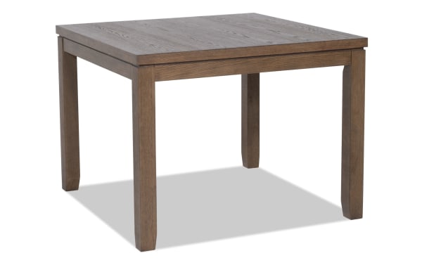 Brookline Brown Square Dining Table in transitional style, crafted from solid acacia, rubberwood, MDF, and oak veneers with a smooth brown wood finish.