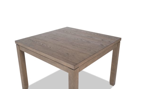 Brookline Brown Square Dining Table in transitional style, crafted from solid acacia, rubberwood, MDF, and oak veneers with a smooth brown wood finish.