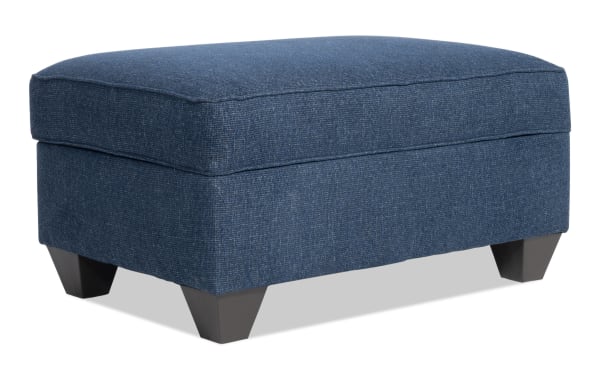 Kylie Navy Storage Ottoman in transitional style with navy polyester fabric upholstery, cushion foam padding, no-sag springs, and hidden storage.