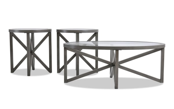 Zoey Gray Oval Glass Top Coffee & 2 End Table Set with solid gray MDF frame and beveled glass tops, transitional style living room furniture.