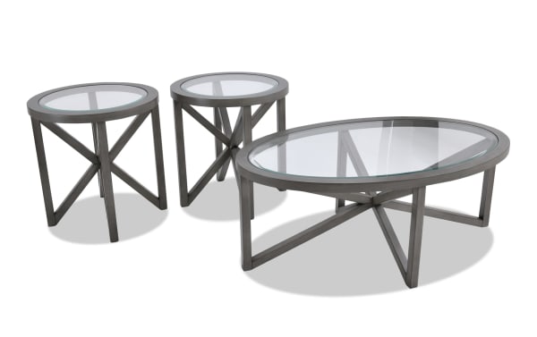 Zoey Gray Oval Glass Top Coffee and 2 End Table Set with beveled glass tops, gray MDF frames, and transitional style for living room decor.