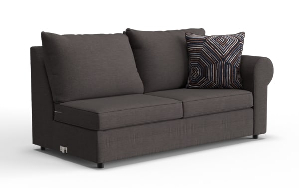Dark gray fabric sofa with two large back cushions, a patterned decorative pillow, and rounded armrest on the right side.