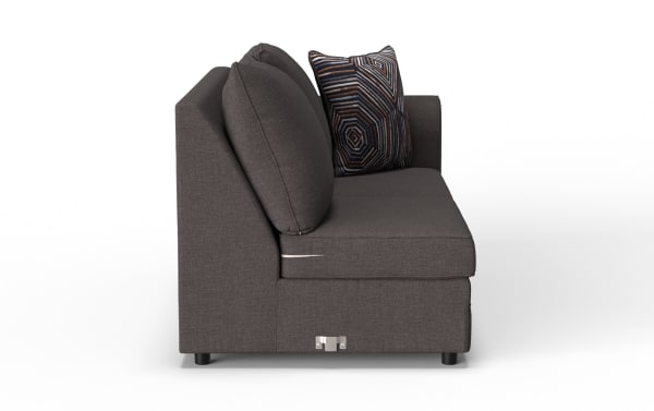Dark gray fabric loveseat sofa with two large back cushions and one decorative geometric patterned throw pillow, featuring a modern, clean design.