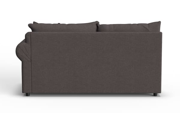 Dark gray fabric sofa with plush back cushions and rounded armrests, shown from the rear, highlighting its modern, cozy design.
