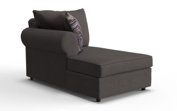 Dark gray fabric chaise lounge with rolled armrest, cushioned back, and patterned accent pillow, suitable for living room seating.
