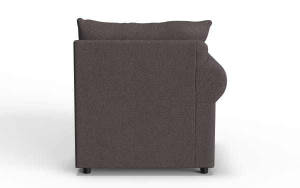 Dark gray fabric sofa armrest with a plush cushion and rounded design, showcasing modern upholstery and sturdy black legs.
