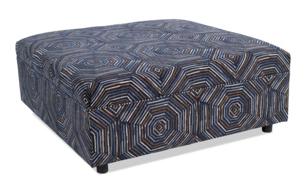 Juno Multicolored Ottoman with transitional style, cushioned polyester fabric upholstery in geometric pattern, ideal for living room seating.