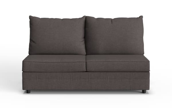 Dark gray fabric loveseat sofa with thick cushioned backrests and seat cushions, supported by short black legs, modern minimalist style.