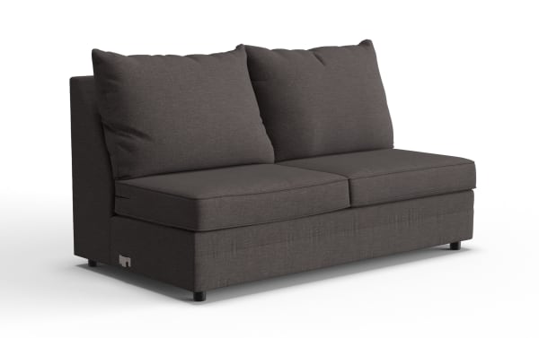 Dark gray fabric loveseat sofa with two large back cushions, thick seat cushions, and short black legs, suitable for modern living rooms.