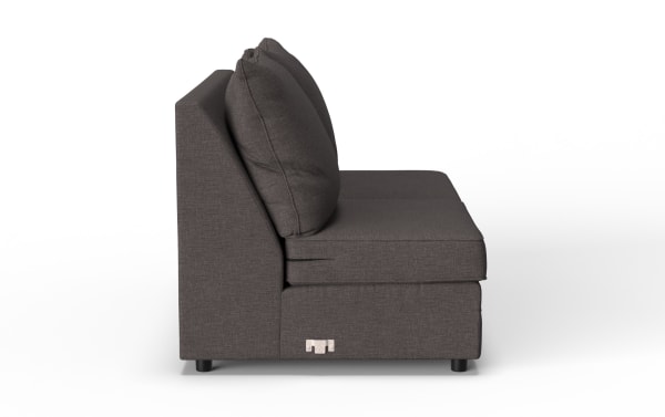 Modern dark gray fabric loveseat sofa with thick seat cushions and two plush back pillows, featuring a minimalist design and sturdy black legs.
