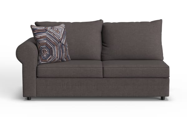Dark gray fabric loveseat sofa with rounded armrest on the left, two back cushions, and a decorative geometric patterned throw pillow.