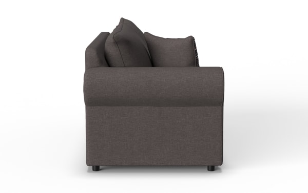 Dark gray fabric sofa side view showing cushioned armrest and plush back pillows, highlighting modern upholstery and compact design.