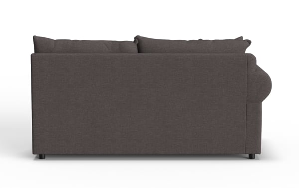 Dark gray fabric sofa with clean lines, cushioned backrest, and black cylindrical legs, shown from the side for modern living room decor.
