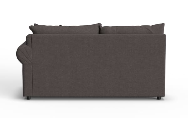 Dark gray fabric sofa with plush back cushions and rounded armrests, featuring a modern, minimalist design suitable for living rooms.
