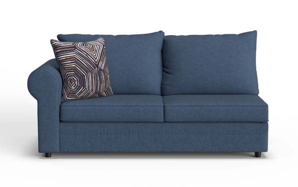 Blue fabric loveseat sofa with rolled arm, two seat cushions, two back cushions, and a decorative geometric patterned throw pillow.