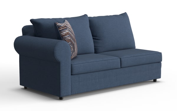 Blue fabric sofa with rolled armrest and two large back cushions, featuring a decorative geometric-patterned throw pillow, ideal for modern living rooms.